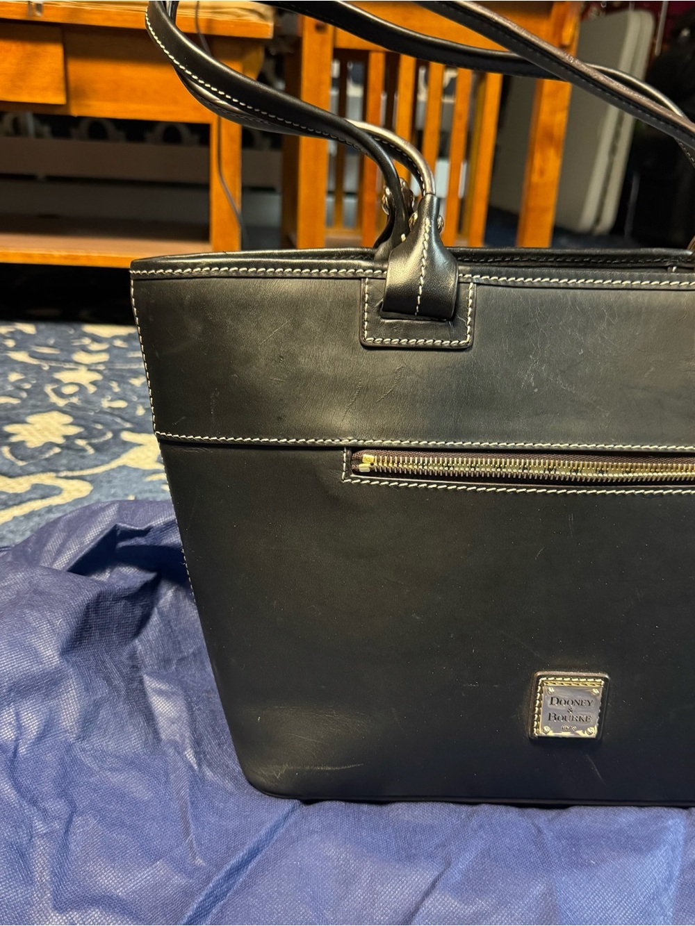 Dooney & Bourke Black Leather Tote with Exterior Zip Pocket